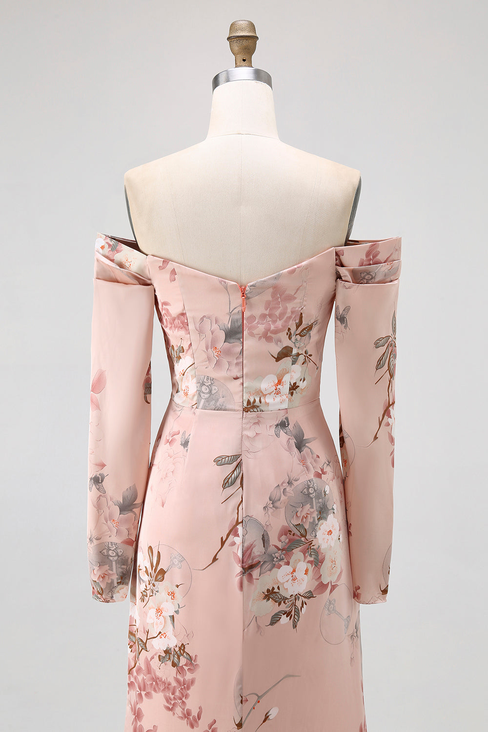 Blush Floral Off The Shoulder Printed Long Bridesmaid Dress with Slit