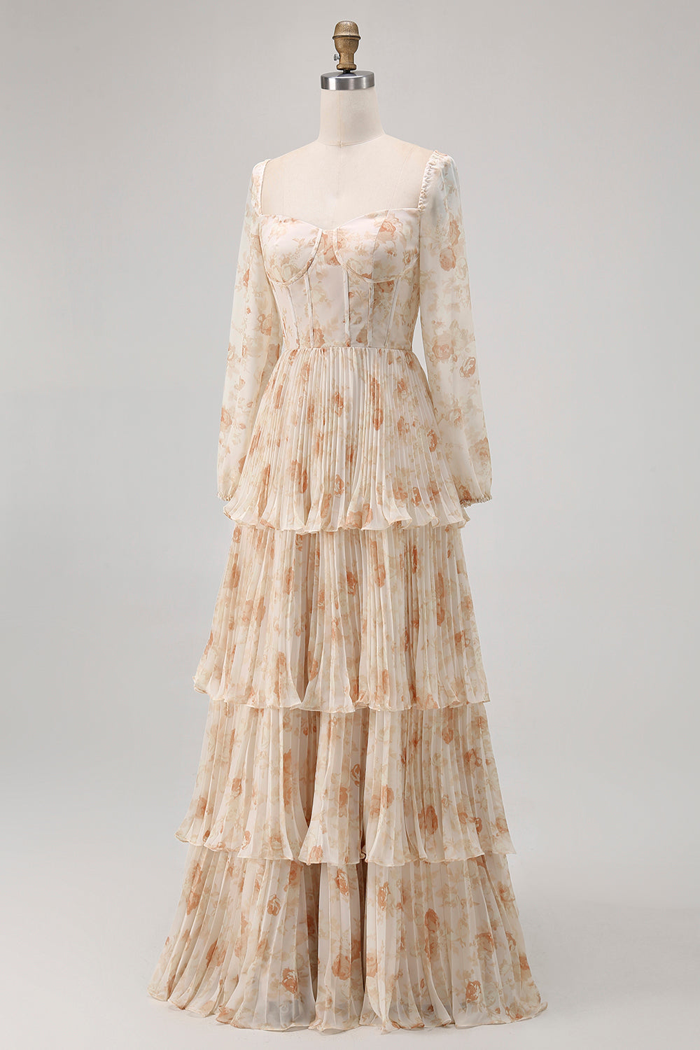 Ivory Floral Square Neck Corset Chiffon Backless Tiered Maxi Dress with Long Sleeves