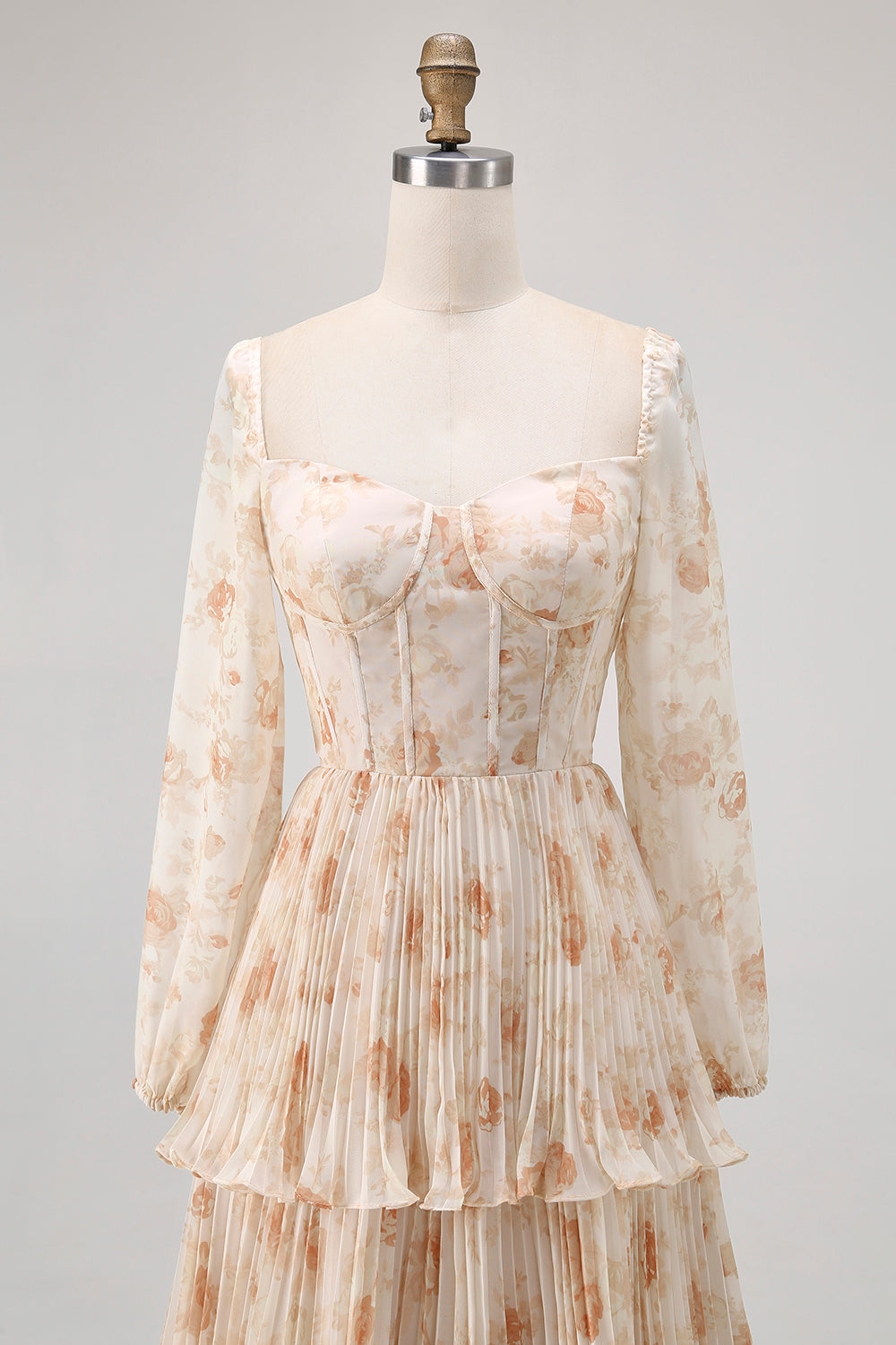 Ivory Floral Square Neck Corset Chiffon Backless Tiered Maxi Dress with Long Sleeves