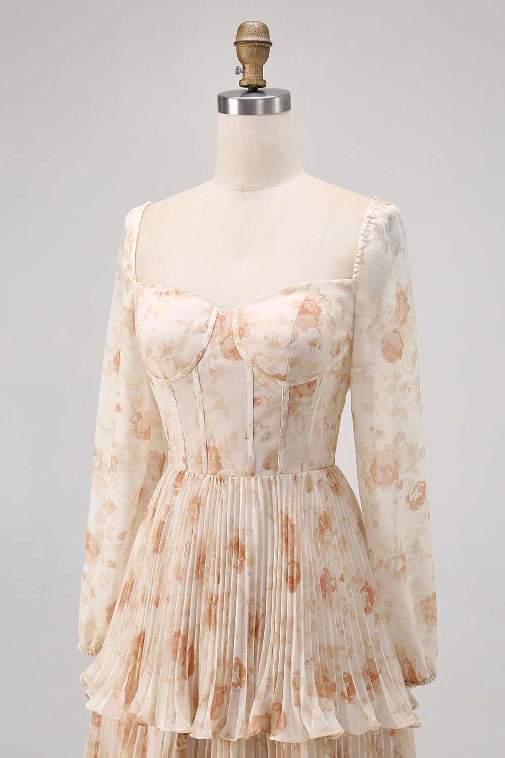 Ivory Floral Square Neck Corset Chiffon Backless Tiered Maxi Dress with Long Sleeves