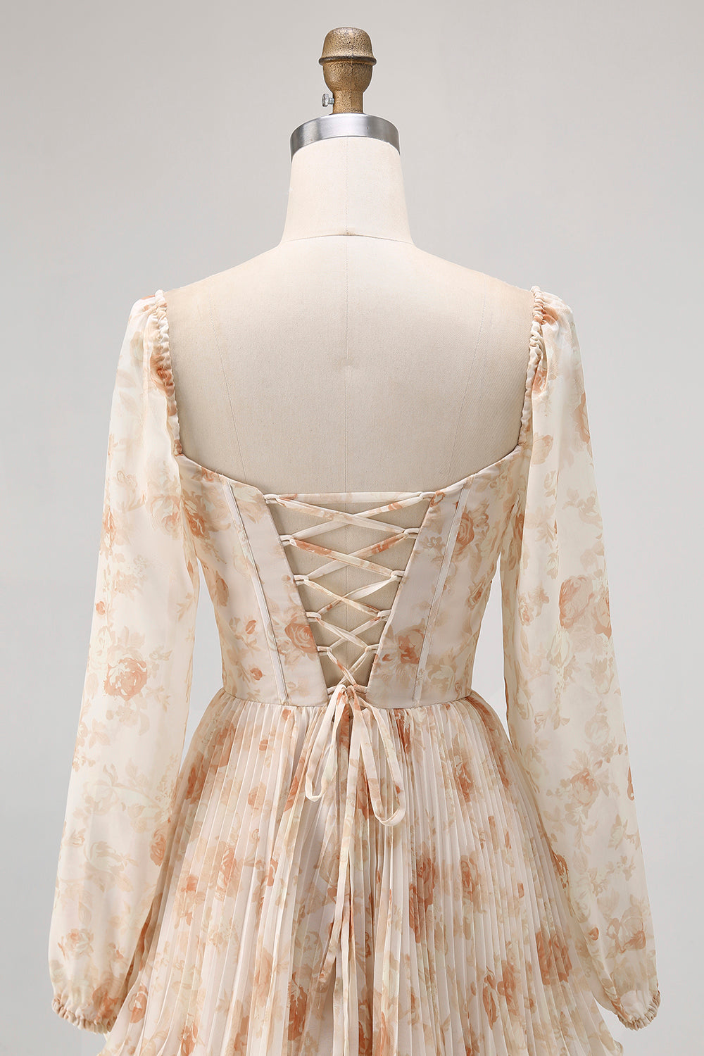 Ivory Floral Square Neck Corset Chiffon Backless Tiered Maxi Dress with Long Sleeves