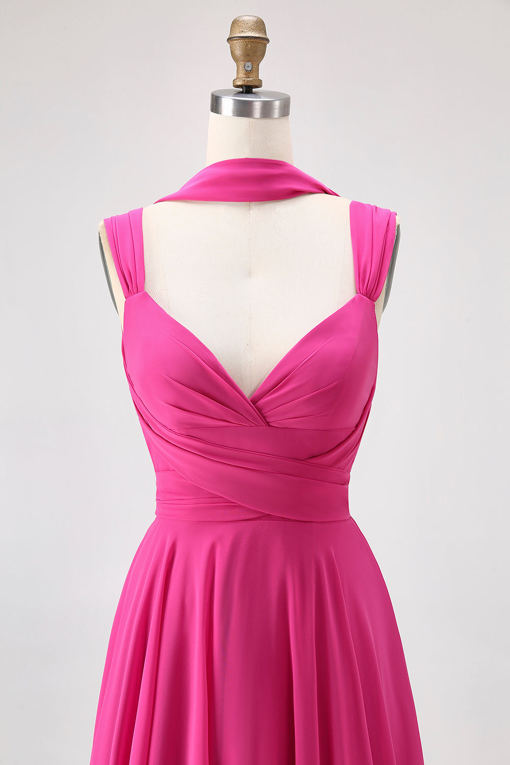 Fuchsia A Line Open Back Convertible Chiffon Long Bridesmaid Dress with Slit