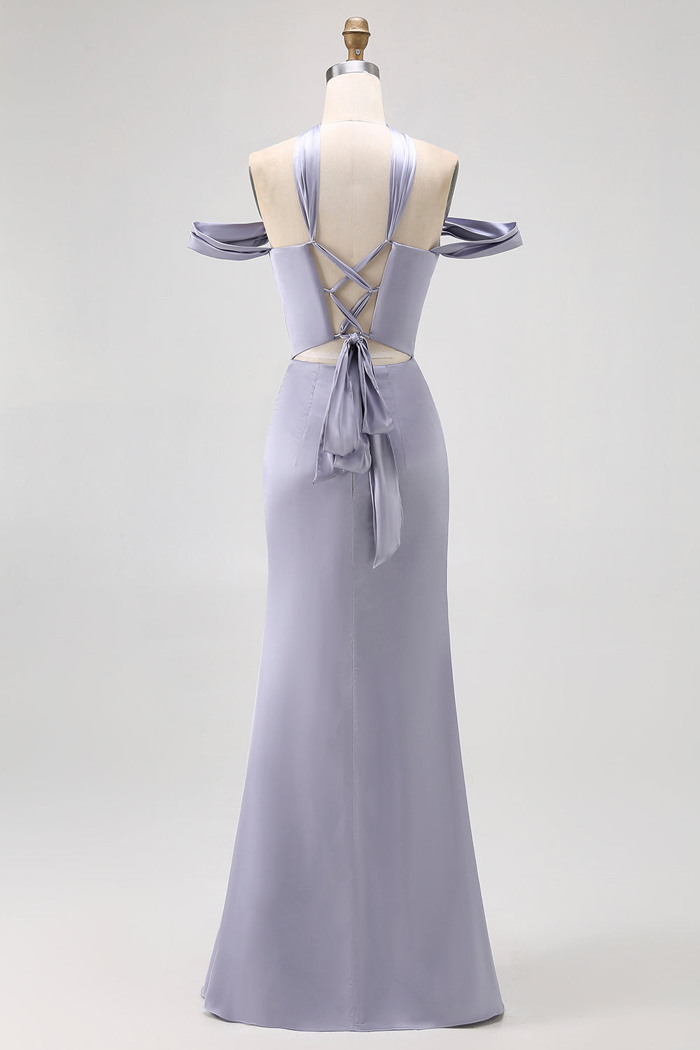 Dusty Blue Sheath Off The Shoulder Backless Satin Long Bridesmaid Dress with Slit