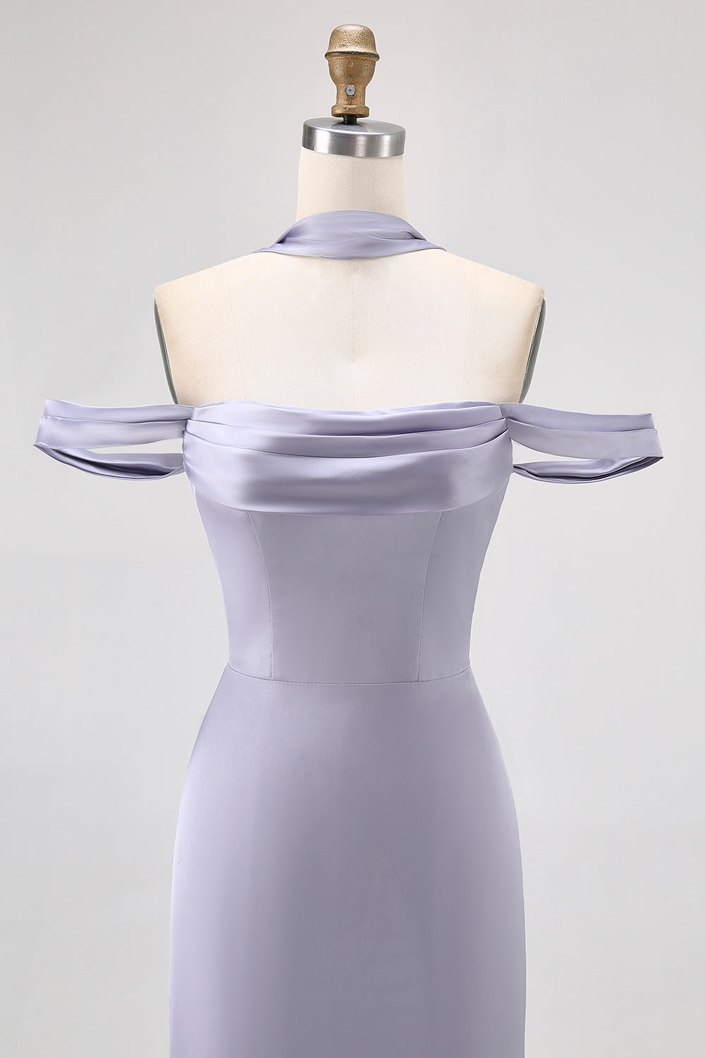 Dusty Blue Sheath Off The Shoulder Backless Satin Long Bridesmaid Dress with Slit