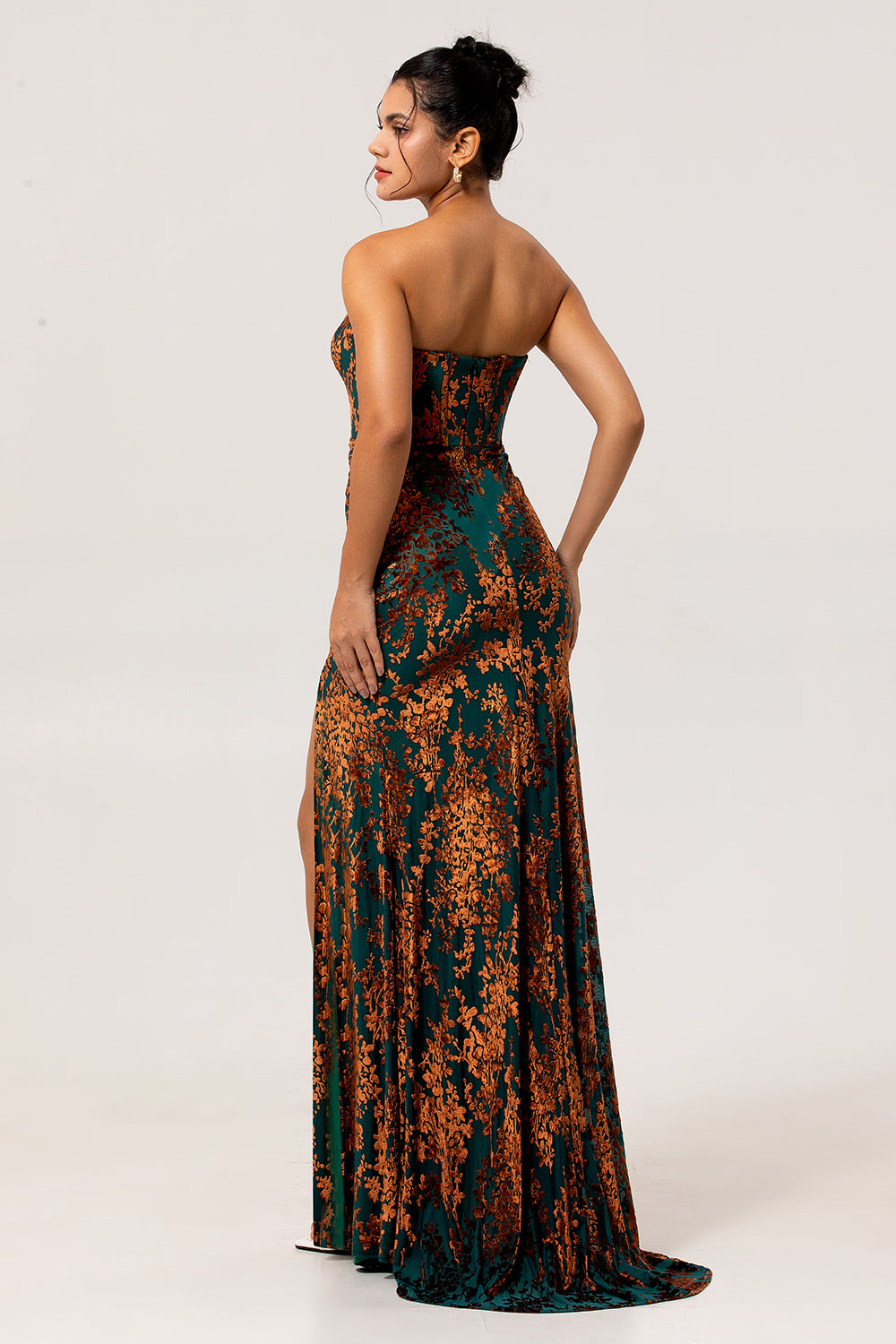 Dark Green Sheath Strapless Burnout Velvet Corset Maxi Dress with Slit