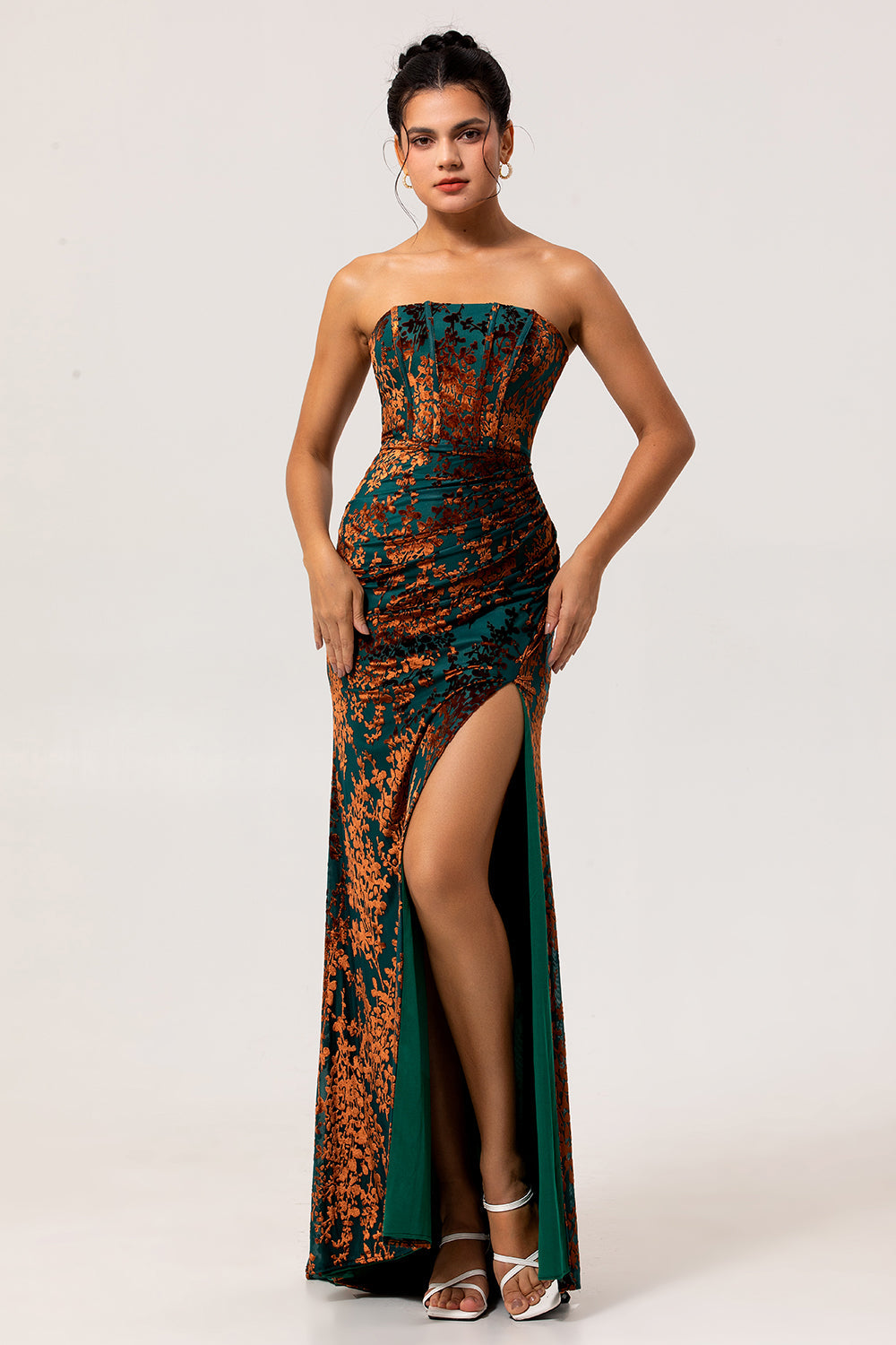 Dark Green Sheath Strapless Burnout Velvet Corset Maxi Dress with Slit