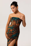 Dark Green Sheath Strapless Burnout Velvet Corset Maxi Dress with Slit