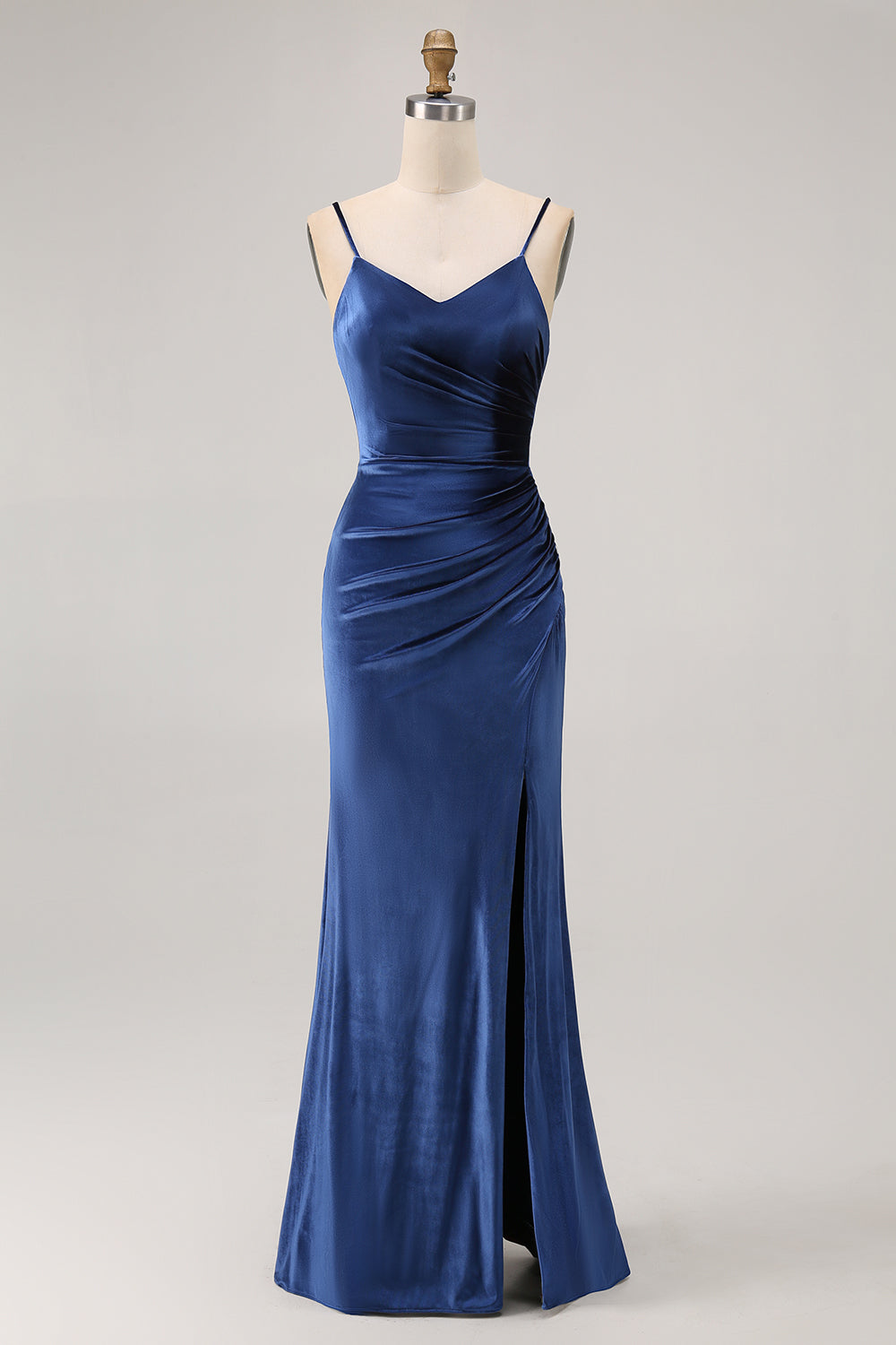 Dark Blue Sheath Spaghetti Straps V Neck Velvet Long Bridesmaid Dress with Slit