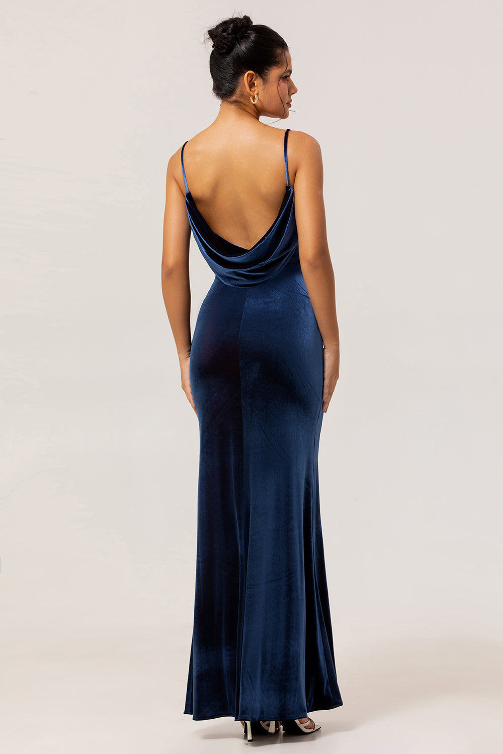 Dark Blue Mermaid Cowl Neck Velvet Long Bridesmaid Dress with Open Back