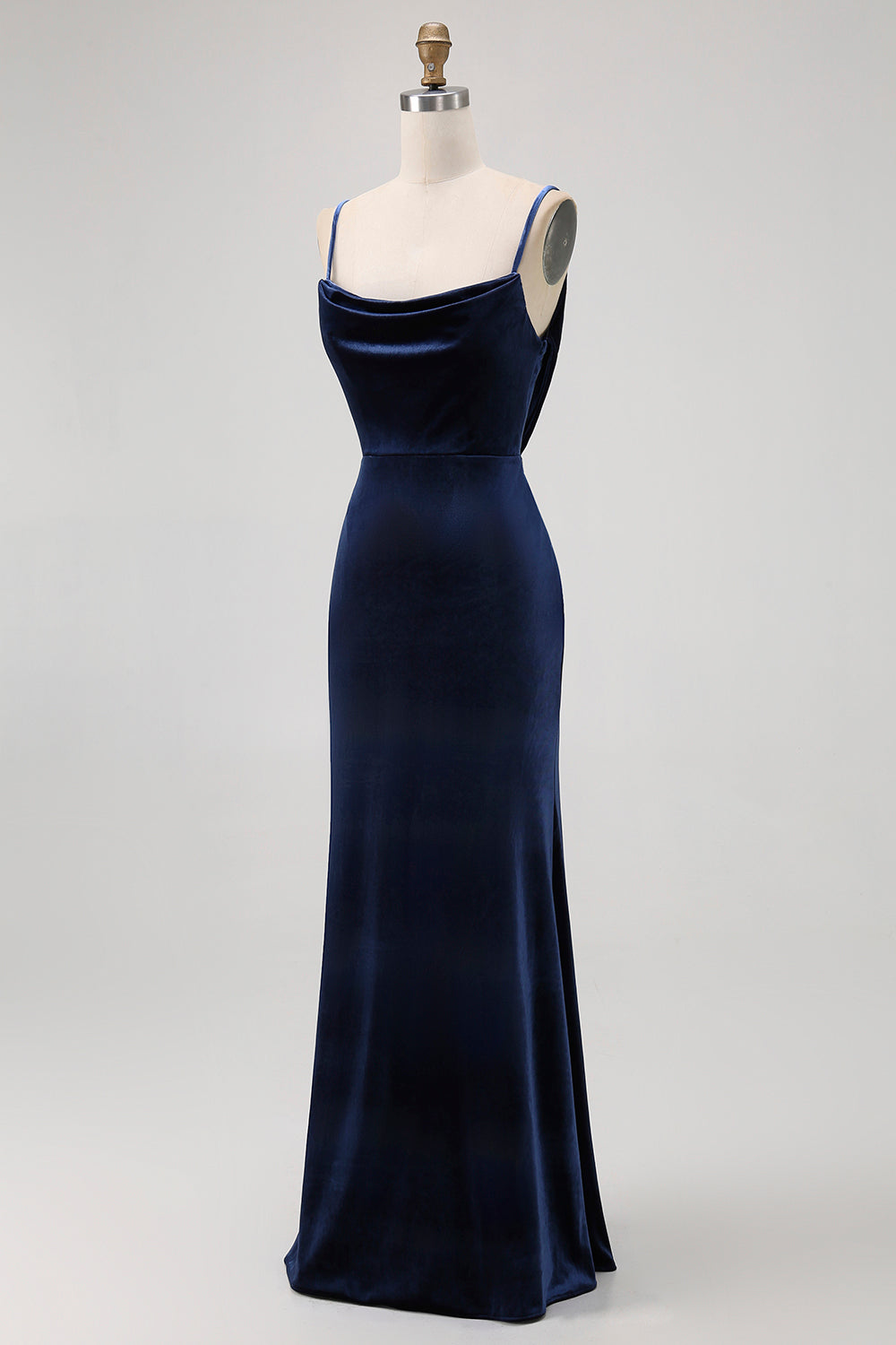Dark Blue Mermaid Cowl Neck Velvet Long Bridesmaid Dress with Open Back