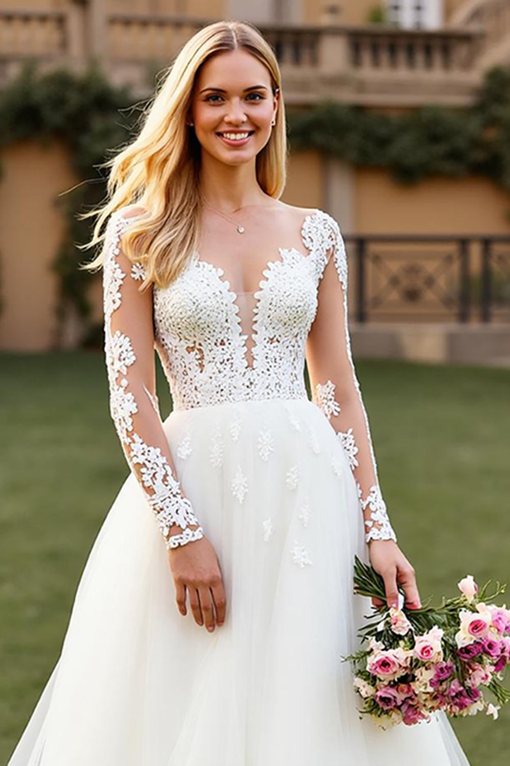 V-Neck A Line Long Sleeve Ivory Wedding Dress with Appliques