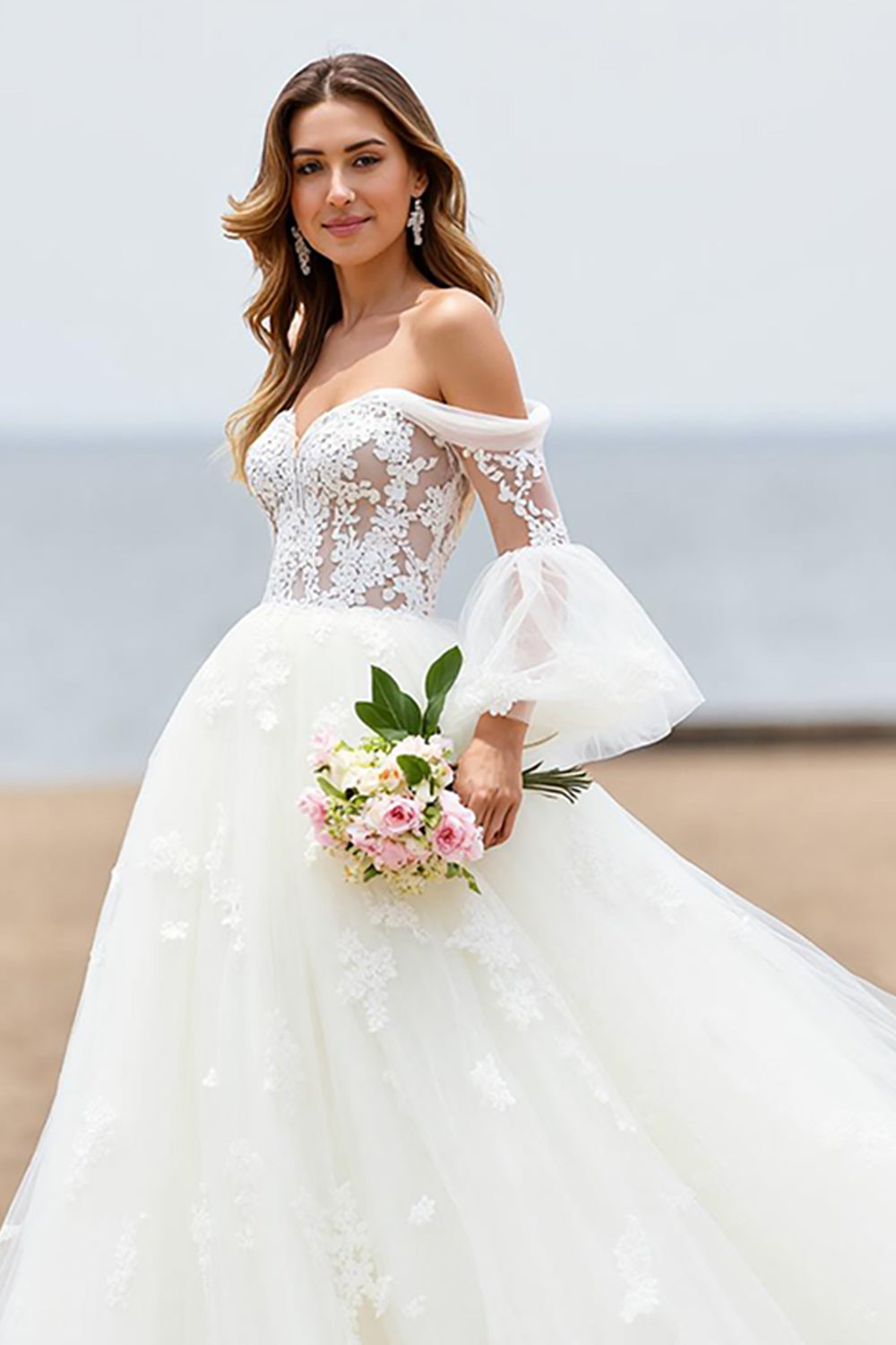 Ivory Off The Shoulder A Line Wedding Dress with Appliques