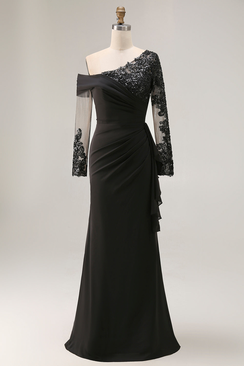 Black Lace Appliqued Sheath Asymmetrical Mother of the Bride Dress