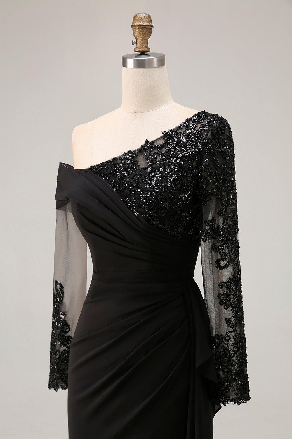 Black Lace Appliqued Sheath Asymmetrical Mother of the Bride Dress