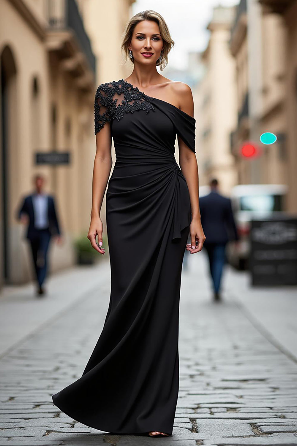 Black Mermaid Asymmetrical Appliqued Mother of the Bride Dress