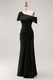 Black Mermaid Asymmetrical Appliqued Mother of the Bride Dress
