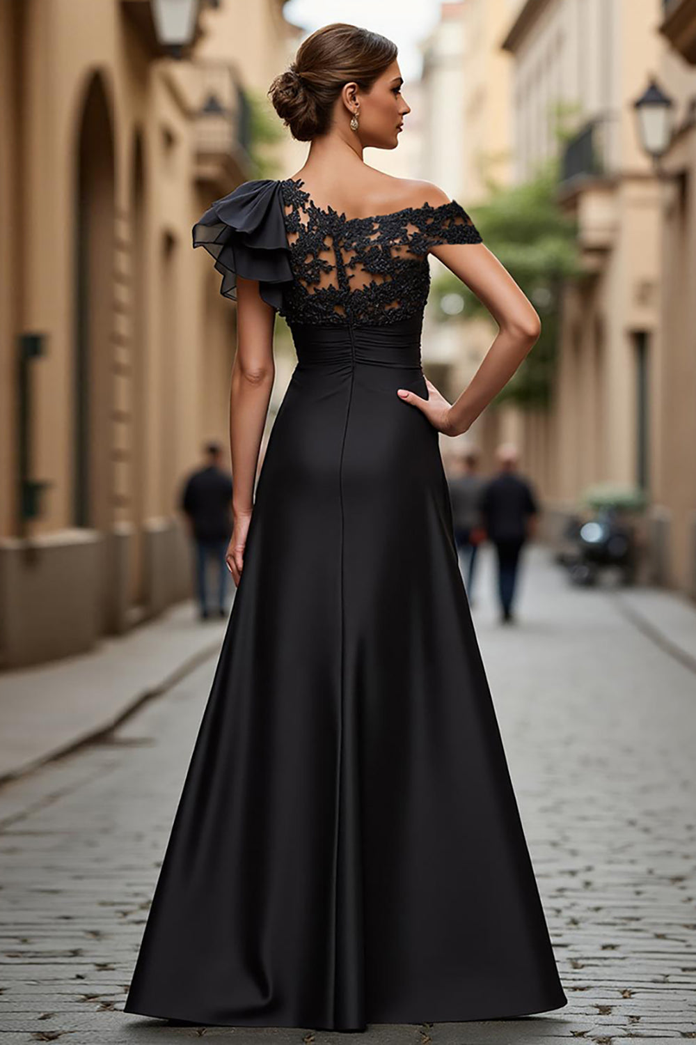 A Line Asymmetrical Appliqued Black Mother of the Bride Dress