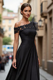 A Line Asymmetrical Appliqued Black Mother of the Bride Dress