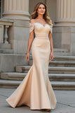 Off the Shoulder Mermaid Champagne Appliqued Mother of the Bride Dress