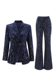 Sparkly Peaked Lapel 2-Piece Navy Prom Suits