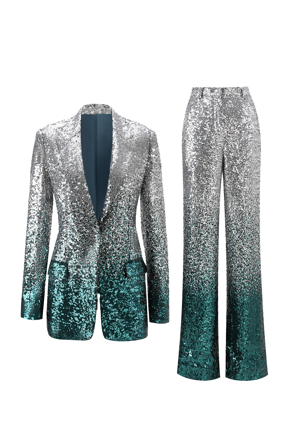 Sparkly Silver and Peacock Slim Fit 2-Piece Prom Suits