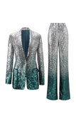 Sparkly Silver and Peacock Slim Fit 2-Piece Prom Suits
