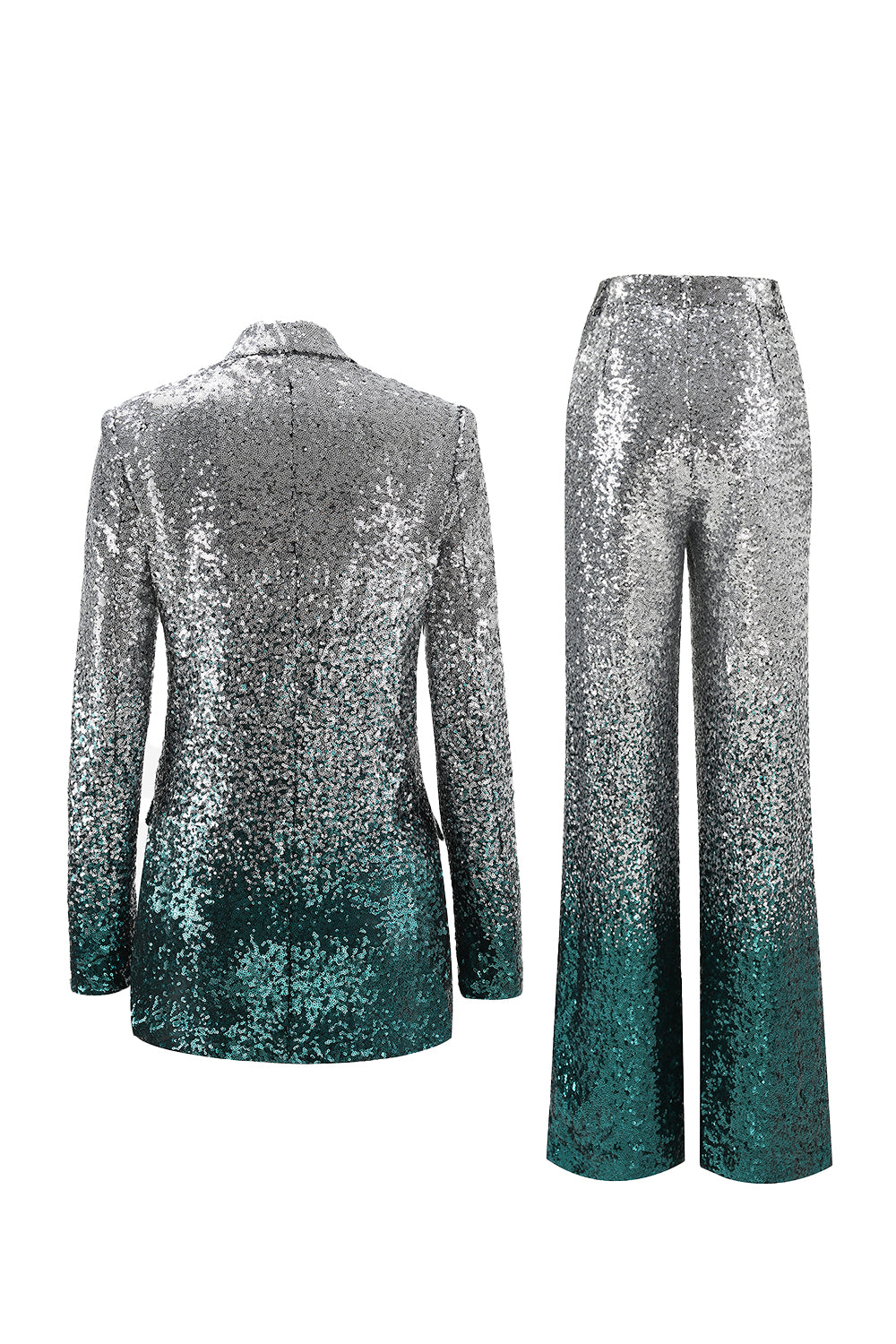Sparkly Silver and Peacock Slim Fit 2-Piece Prom Suits
