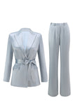 Dusty Blue Peaked Lapel Bowed 2 Piece Prom Suits with Sash