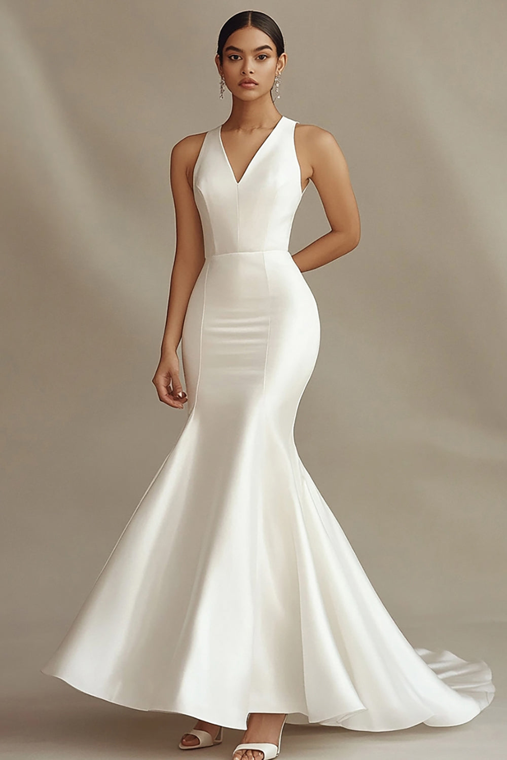Ivory Mermaid V-Neck Satin Engagement Dress