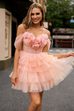 Blush A Line Cold Shoulder Tiered Short Prom Dress with 3D Flowers