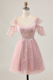 Blush A-Line Cold Shoulder Floral Short Prom Dress with Appliques