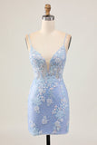 Light Blue Bodycon Floral Sequins Short Prom Dress with Appliques