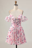 Pink Floral A Line Cold Shoulder Short Prom Dress