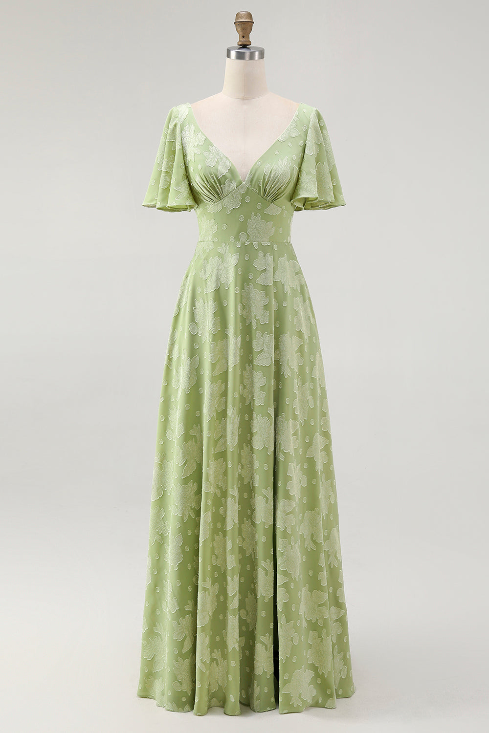 A Line Sage Green Floral Jacquard Flutter Sleeves Maxi Dress with Bow Back
