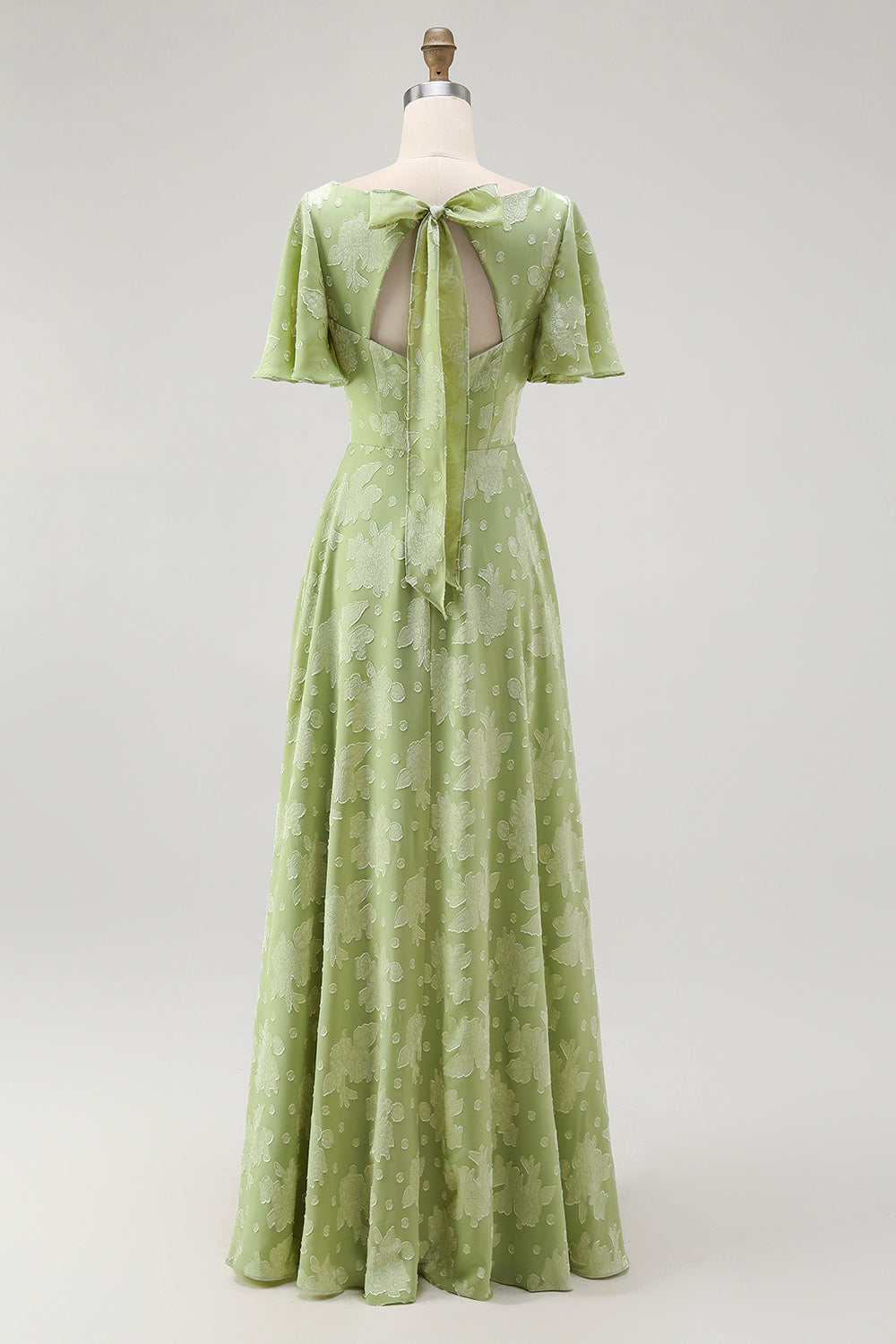 A Line Sage Green Floral Jacquard Flutter Sleeves Maxi Dress with Bow Back