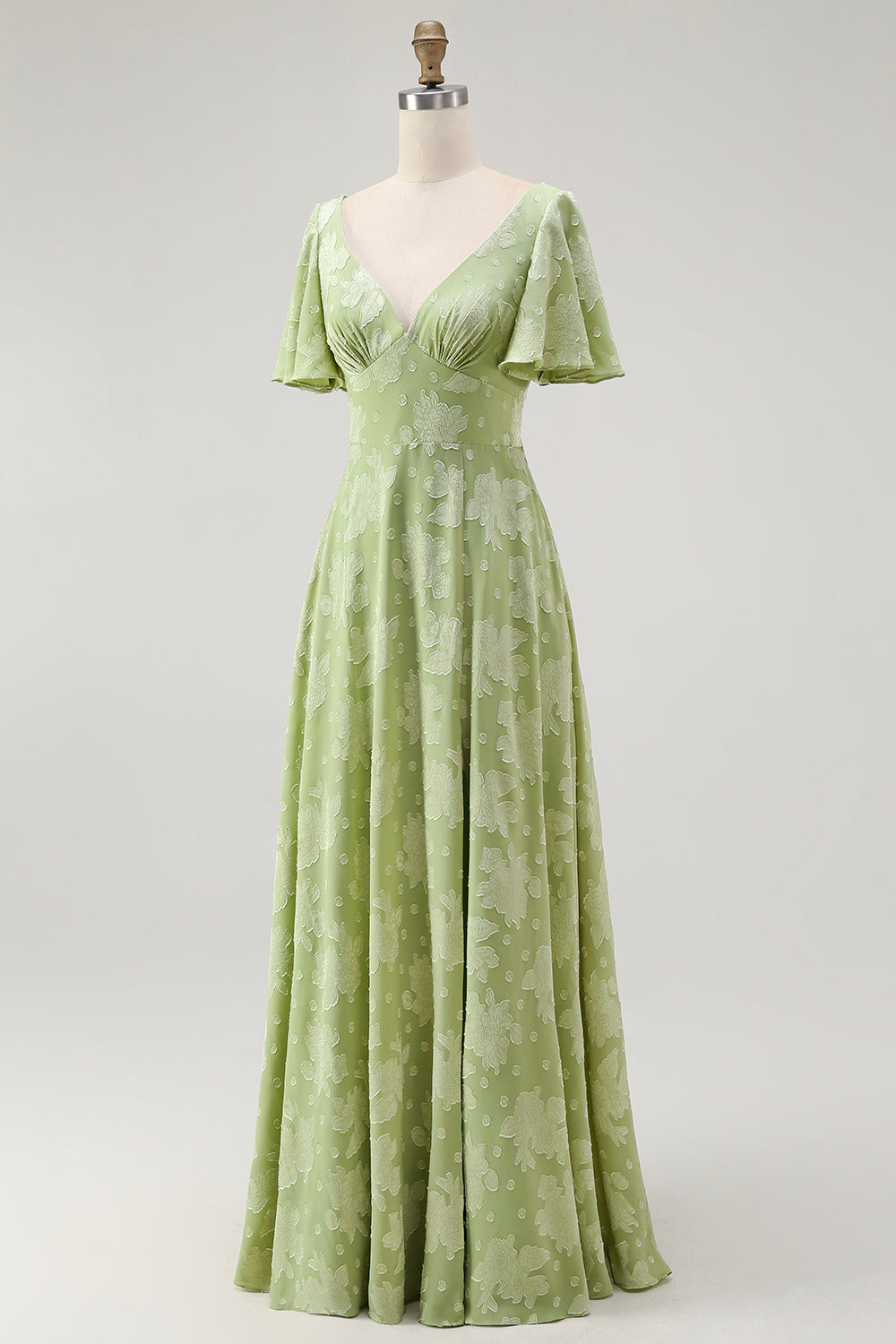 A Line Sage Green Floral Jacquard Flutter Sleeves Maxi Dress with Bow Back