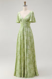 A Line Sage Green Floral Jacquard Flutter Sleeves Maxi Dress with Bow Back
