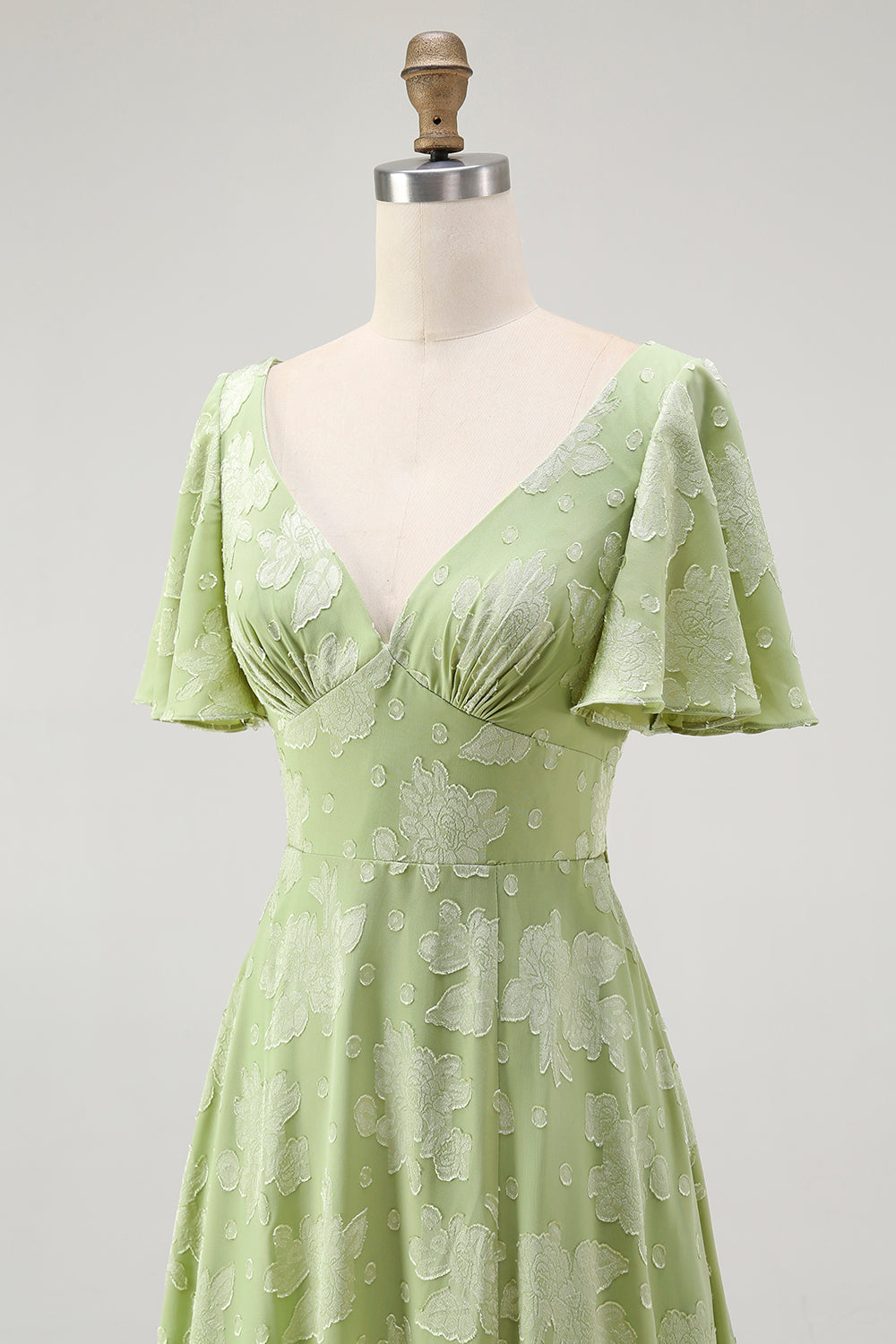 A Line Sage Green Floral Jacquard Flutter Sleeves Maxi Dress with Bow Back