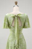 A Line Sage Green Floral Jacquard Flutter Sleeves Maxi Dress with Bow Back