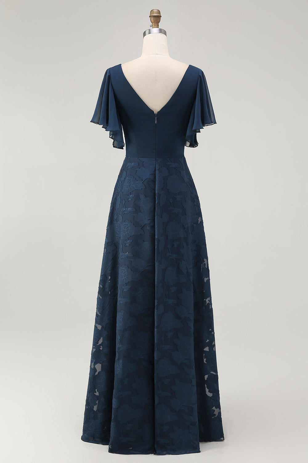 Navy Floral A Line V Neck Long Bridesmaid Dress with Flutter Sleeves