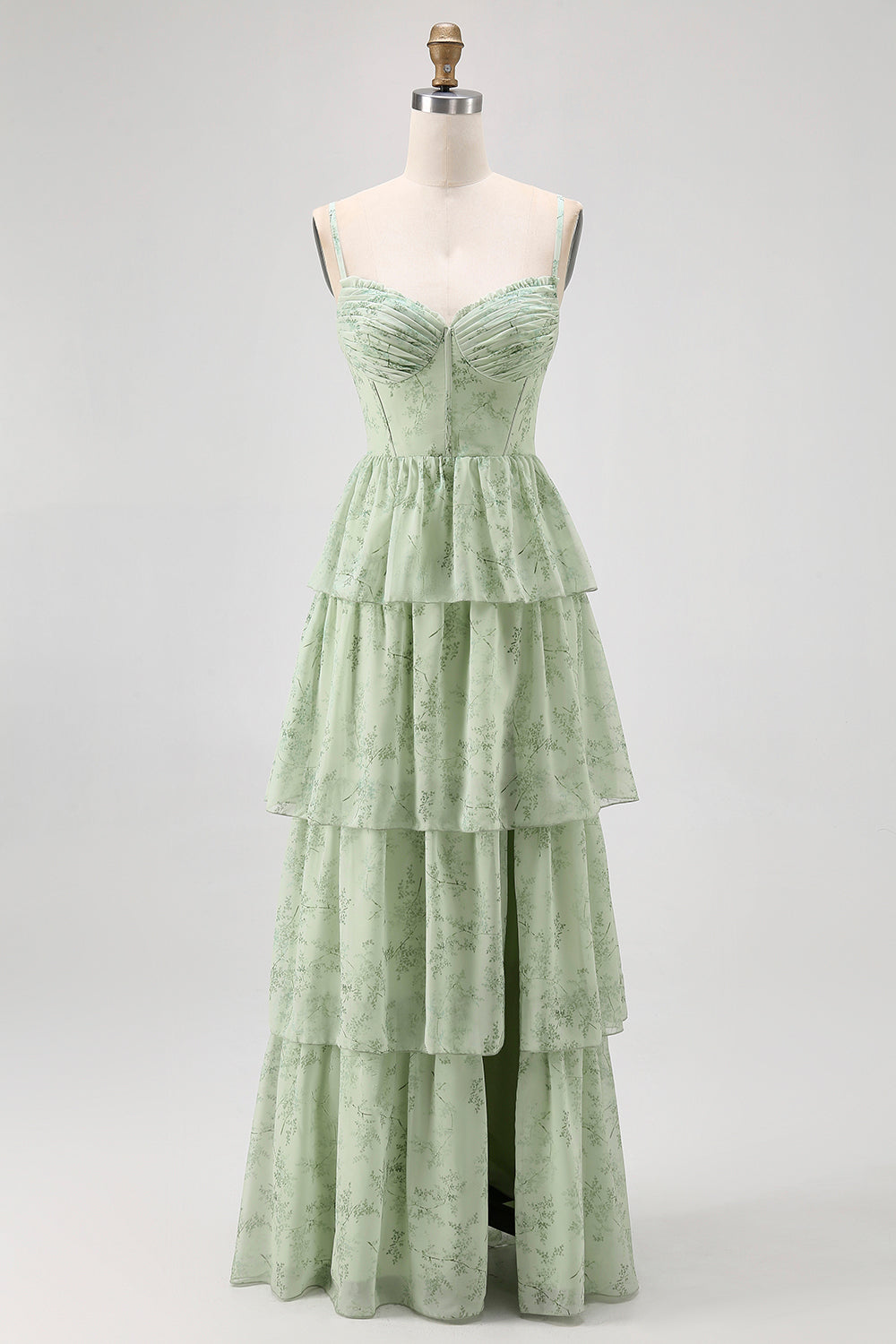 Dusty Sage A Line Corset Tiered Print & Floral Long Bridesmaid Dress with Slit