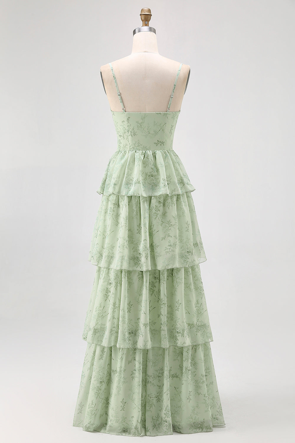 Dusty Sage A Line Corset Tiered Print & Floral Long Bridesmaid Dress with Slit