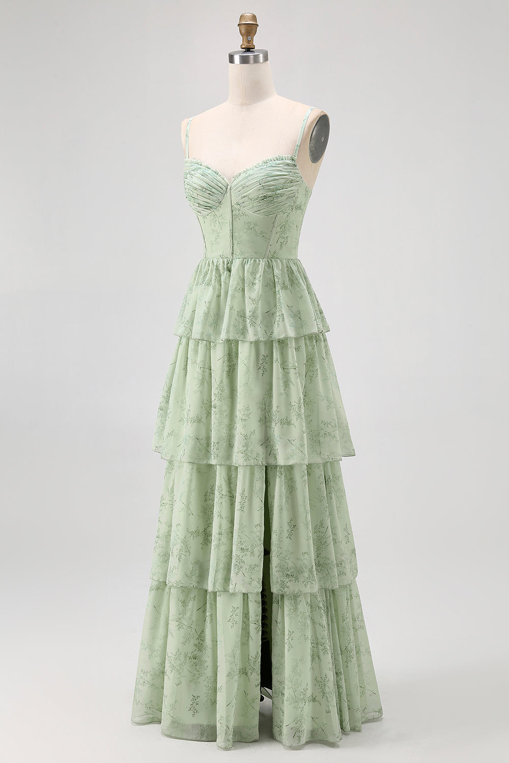 Dusty Sage A Line Corset Tiered Print & Floral Long Bridesmaid Dress with Slit
