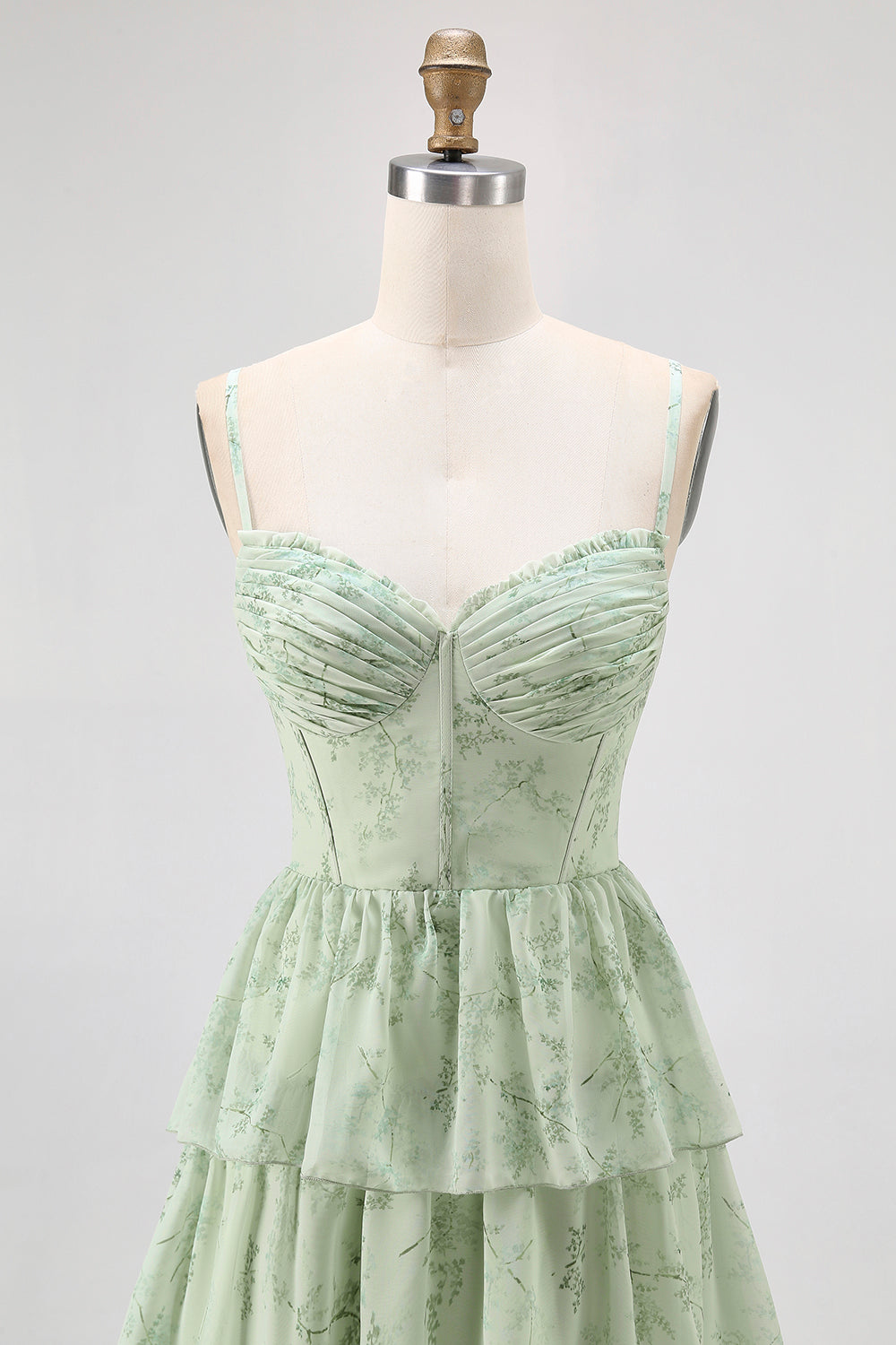 Dusty Sage A Line Corset Tiered Print & Floral Long Bridesmaid Dress with Slit