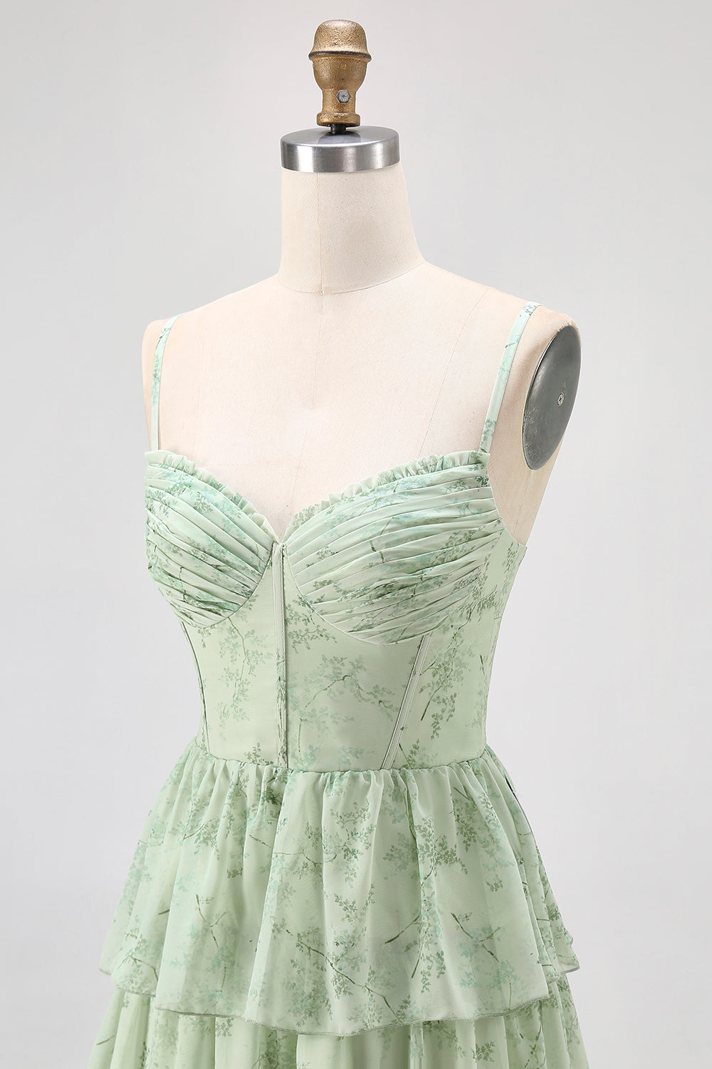 Dusty Sage A Line Corset Tiered Print & Floral Long Bridesmaid Dress with Slit