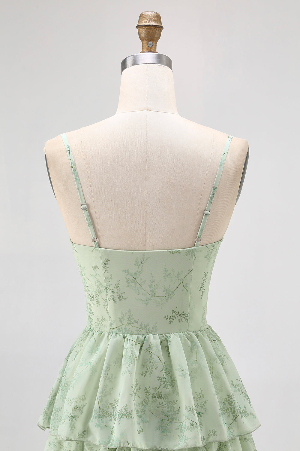 Dusty Sage A Line Corset Tiered Print & Floral Long Bridesmaid Dress with Slit