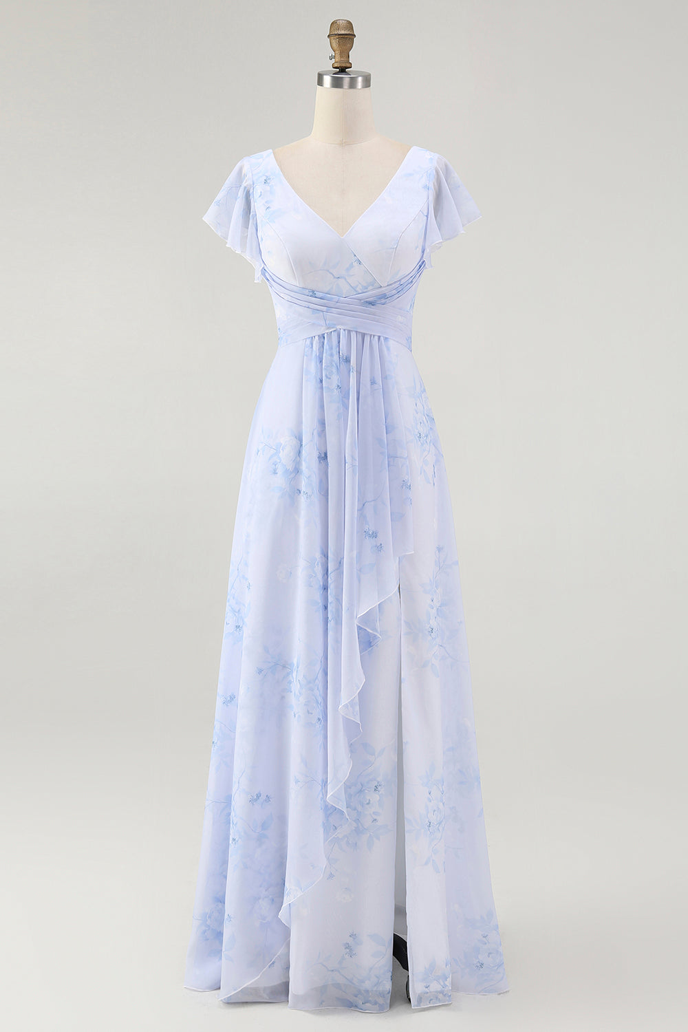 Dusty Sage A-Line Chiffon Flutter Sleeves Print Floral Bridesmaid Dress with Slit