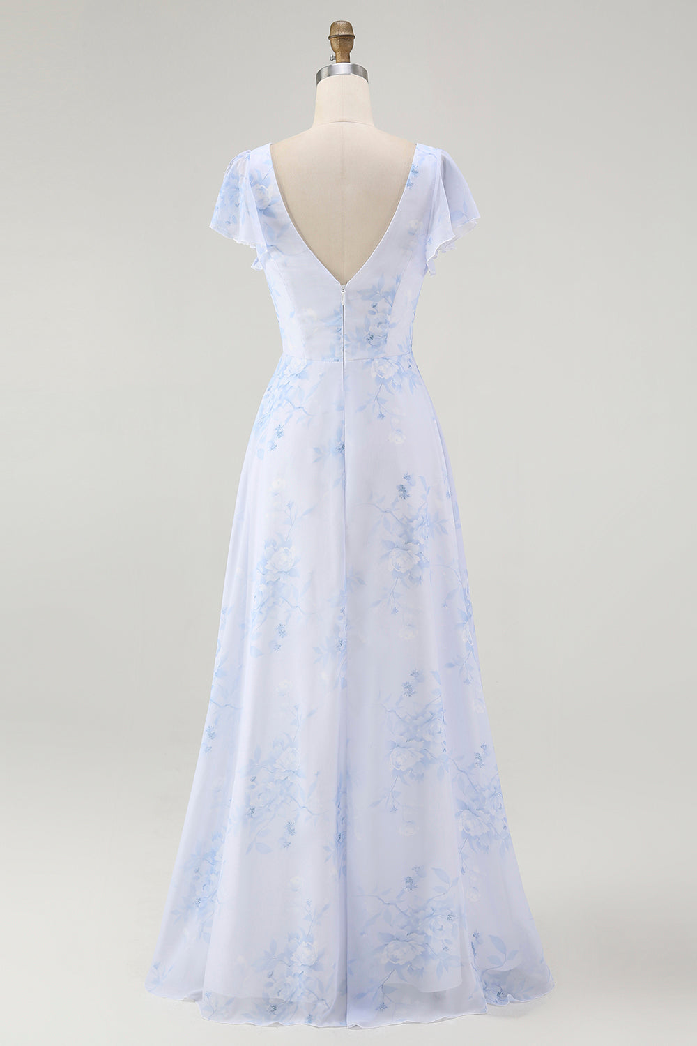 Dusty Sage A-Line Chiffon Flutter Sleeves Print Floral Bridesmaid Dress with Slit