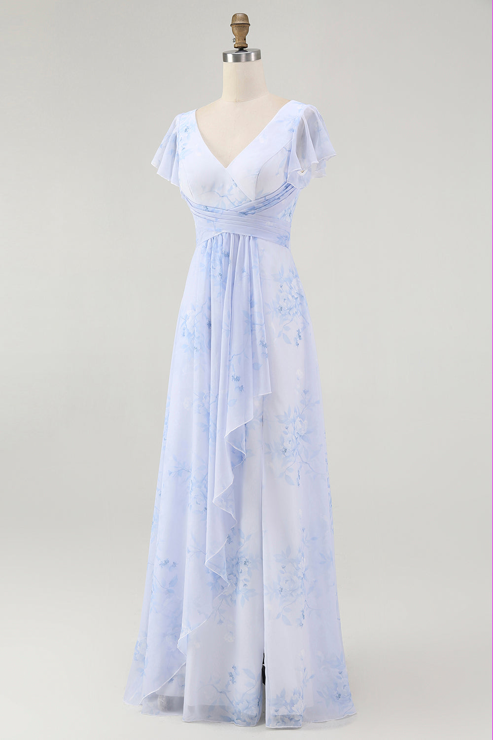 Dusty Sage A-Line Chiffon Flutter Sleeves Print Floral Bridesmaid Dress with Slit