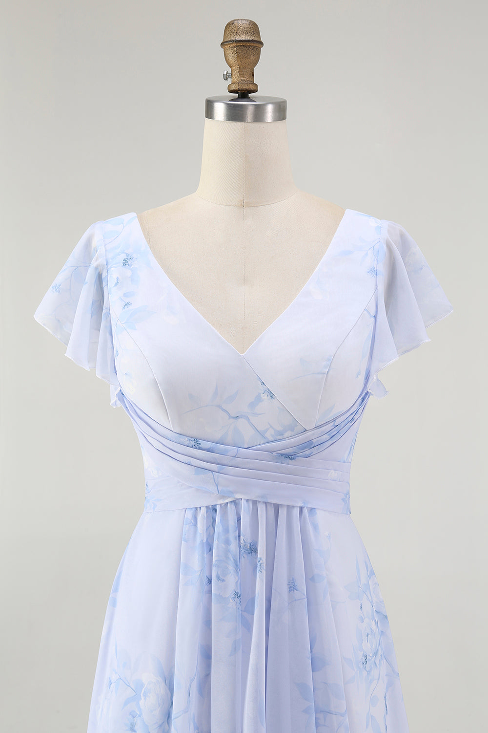Dusty Sage A-Line Chiffon Flutter Sleeves Print Floral Bridesmaid Dress with Slit